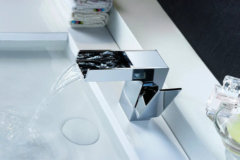 Low Arc Single Hole Waterfall Bathroom Sink Faucet In Polished Chrome Lead-Free Solid Brass Deck Mounted Lavatory Faucet