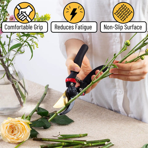 Gardener using 8 Inch Pruning Shears For Garden Use With Titanium Blade, Ergonomic Non Slip Handles for precision cutting of stem.