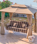 3 Person Outdoor Patio Porch Swing Gazebo with netting and curtains, double top canopy, sturdy steel frame, on a sunny patio.