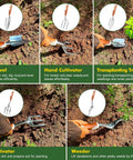 Heavy Duty 10 Piece Garden Tool Set For Women And Men With Aluminum Tools Non Slip Ergonomic Handles Tote Bag Gloves Includes Saw Trowel Cultivator Rake Pruner Weeder Perfect Gift, image showing tools in soil usage.