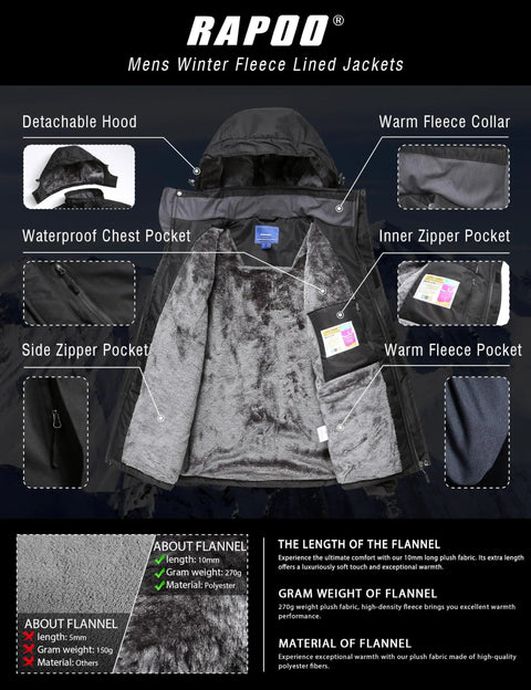Mens Winter Jacket Waterproof Snow Coat With Fleece Lining details, black color with fleece interior and zipper pockets