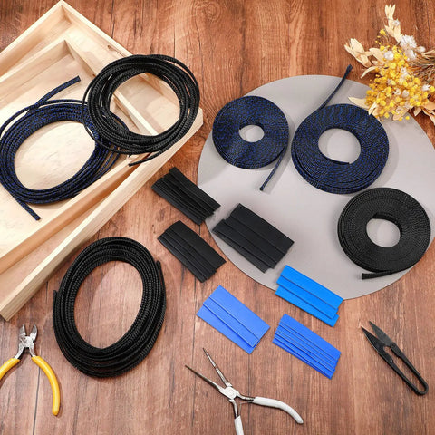 96 Ft Braided Cable Sleeve Kit With Heat Shrink Tubes for audio and video cables with tools on a wooden surface