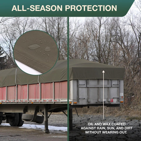 Truck covered with Waterproof Canvas Tarp Cover Heavy Duty Duck Cloth Waxed Tarpaulin, 12x14 ft, in olive drab with rustproof grommets.