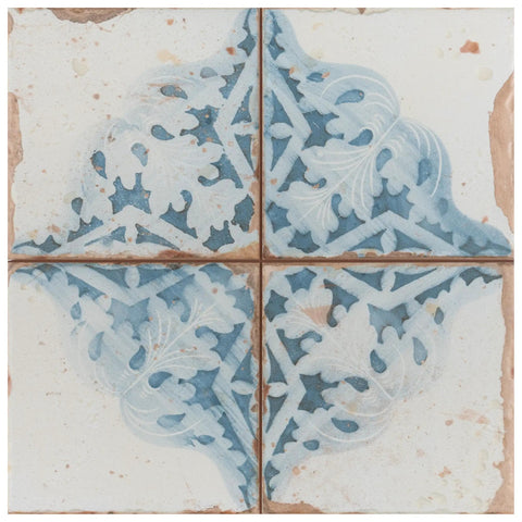 Azul Decor Artisan 13 By 13 Ceramic Tile For Floor And Wall, Glazed low sheen, blue floral pattern, PEI IV, Grade 1, close-up view