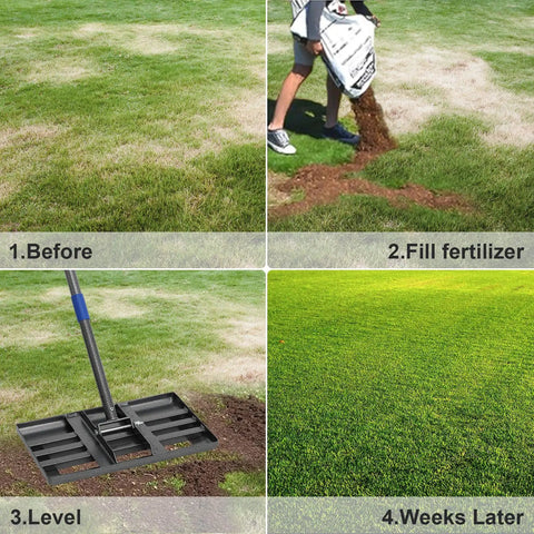 Lawn Leveling Rake For A Smooth Even Yard Stainless Steel Leveler With 18x10 Ground Plate And 72 Inch Adjustable Handle in use
