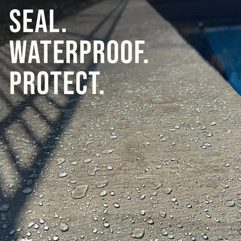 Close-up of treated concrete with water droplets, demonstrating Concrete Sealer One Gallon Covers Up To Four Hundred Square Feet Deep Penetrating Silane Siloxane Formula For Driveways And Patios Rock Solid Waterproof Shield Built Tough To Handle Rain Snow And Summer Heat Daily.