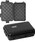 Open black waterproof case from 10 In 1 Emergency Survival Kit With Knife, Blanket, Compass, Fire Starter, Flashlight, Saw, And More