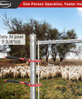 Heavy Duty Fence Stretcher Tool For Chain Link Fabric Upgraded One Person Operation Fence Puller With Nine Inch Pull Range Fits 2 3 Eighths Inch OD Posts 1 Pack Easy Hang Align And Light Tension shown installed on fence with sheep in background.