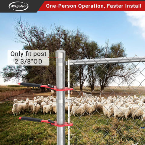 Heavy Duty Fence Stretcher Tool For Chain Link Fabric Upgraded One Person Operation Fence Puller With Nine Inch Pull Range Fits 2 3 Eighths Inch OD Posts 1 Pack Easy Hang Align And Light Tension shown installed on fence with sheep in background.
