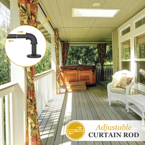 Industrial Pipe Curtain Rod In Textured Black Five Eighths Inch Diameter Adjustable Forty Eight To Eighty Four Inches Rugged Yet Sleek For Loft Style Windows Durable For Indoor Or Covered Outdoor Use Light To Medium Curtains installed on a porch