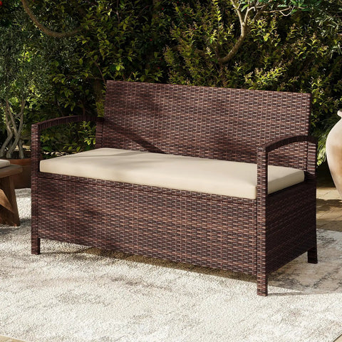 Outdoor Storage Bench With Cushioned Seat And Backrest 42 Gallon Rattan Deck Box With Acacia Wood Armrests And Sturdy Metal Frame