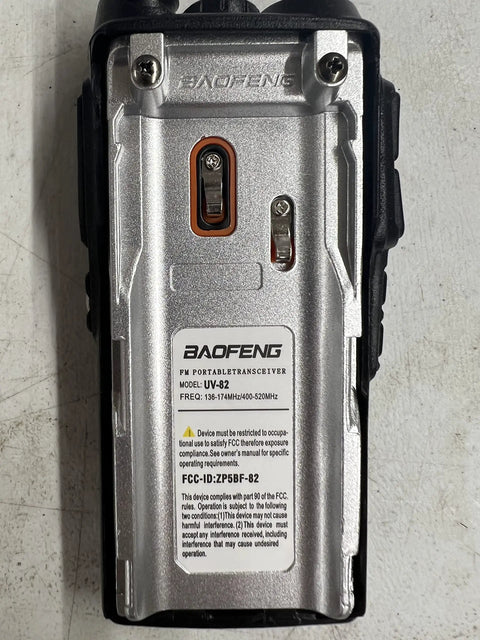 Back view of UV 82HP Beefy High Power Dual Band Radio showing model information and frequency details.