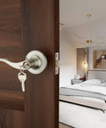 Wave Lever Keyed Entry Door Lock Set In Silver For Lefty Doors With Three Keys Included Adjustable Backset On Door