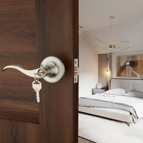 Wave Lever Keyed Entry Door Lock Set In Silver For Lefty Doors With Three Keys Included Adjustable Backset On Door