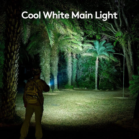 A28 Gen 2 Pocket Flashlight 1000 Lumens Beast Mode Turbo Beam With Sidelight illuminating trees at night in a park, person in silhouette.