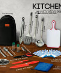 Image of a 21 Piece Camping Cooking Set for Outdoor Meals, Lightweight, Compact, Heat Resistant and Dishwasher Safe, with utensils and carry bag.