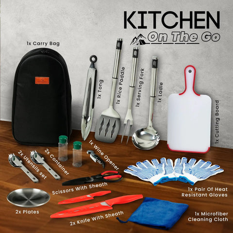 Image of a 21 Piece Camping Cooking Set for Outdoor Meals, Lightweight, Compact, Heat Resistant and Dishwasher Safe, with utensils and carry bag.
