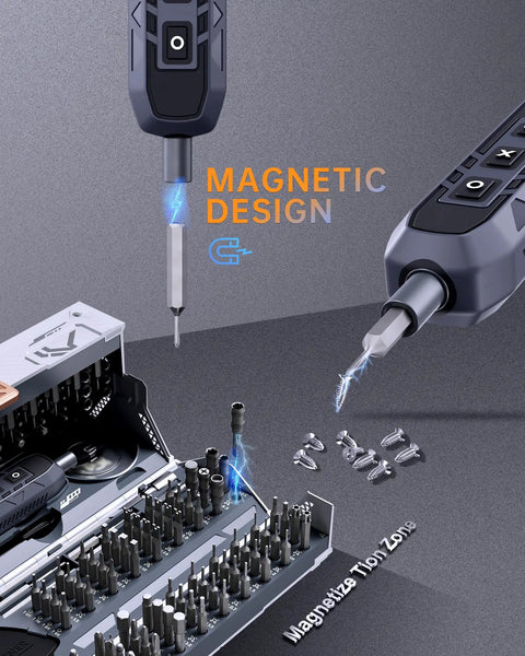 Electric Screwdriver Kit With 181 In 1 Mini Precision Screwdriver Set And 162 Magnetic Bits, showing magnetic feature and bits.