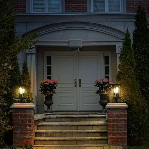 Front porch with Outdoor Post Light With Clear Glass Panels In Sleek Black Finish Perfect For Patio Porch Driveway Garden And Walkways