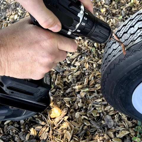 Using Easy Tire Plug Drill Bit Kit for All Drills 2 Piece Set with Reamer and Plugger Bits on a tire