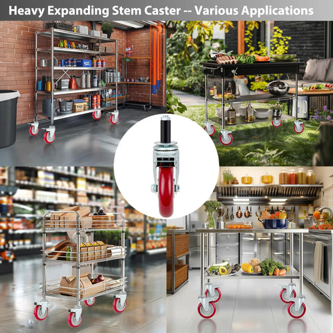 Hella Tough 5 Inch Expanding Stem Caster Wheels Set of 4 with Brakes for Heavy-Duty Worktables and Rolling Preptables on various metal carts.