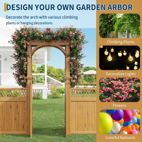 Wooden Garden Arbor With Gate And Trellis For Climbing Plants And Plant Stand Outdoor Arch Trellis Yard Decor for backyard entry