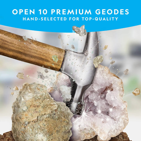 Hammer breaking open geode from Hands On Geode Break Open Kit For Kids With 10 Premium Geodes And Crystal Treasures Inside