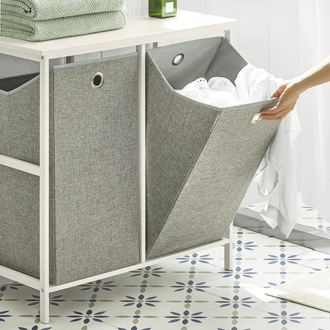 Two Removable Laundry Bags Laundry Sorter With Shelf for Bedroom Bathroom and Laundry Room, showing pull-out design with laundry