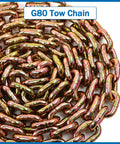 Beefy Three Eighths Inch Transport Binder Chain G80 Tow Chain With Grab Hooks Ten Feet Long 7100 Lb Safe Working Load Yellow
