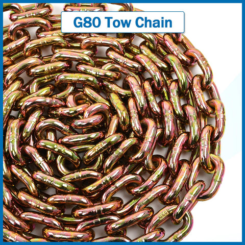 Beefy Three Eighths Inch Transport Binder Chain G80 Tow Chain With Grab Hooks Ten Feet Long 7100 Lb Safe Working Load Yellow