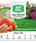 Packaging of Soil Test Kit For Lawn And Garden Health with image of lawn, vegetables, and ideal uses listed at the bottom.