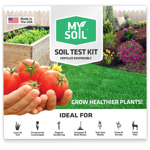 Packaging of Soil Test Kit For Lawn And Garden Health with image of lawn, vegetables, and ideal uses listed at the bottom.