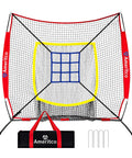 7x7ft Baseball Practice Net With Strike Zone And Large Pocket Target For Hitting Pitching And Throwing Indoor Outdoor Training For All Levels Pro Grade Scratch Resistant Base, shown with red frame and carry bag.
