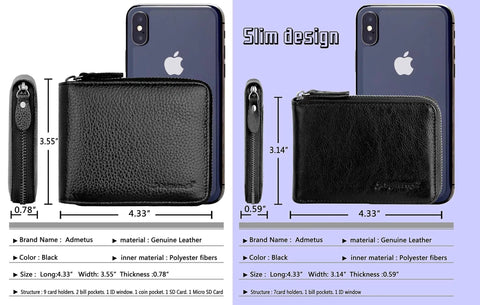 Men's Zipper Leather Bifold Wallet With RFID Blocking Slim Zip Around Card Holder Compact Yet Roomy Leather Wallet For Credit Cards And Cash Genuine Leather Durable Three Side Zipper Black shown with smartphone for size comparison