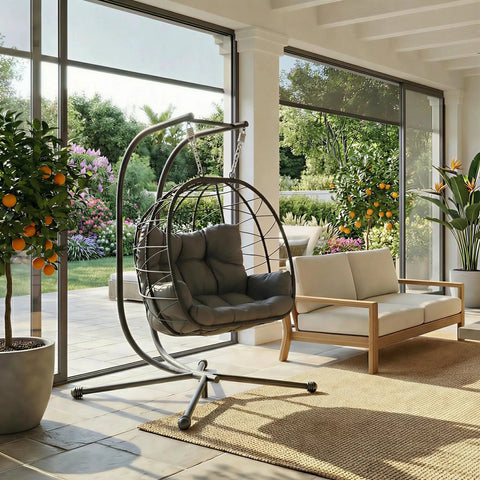 Heavy Duty 700 Lb Double Egg Chair With Stand For Indoor Or Outdoor Use Hanging Egg Chair With Armrests And Headrest UV Resistant Cushions
