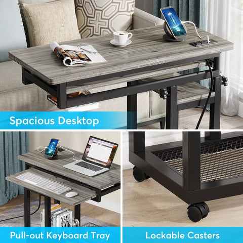 Small Portable Desk With Built In Outlet And USB Ports For Couch Or Bedside Use Height Adjustable Laptop Table On Wheels Mobile