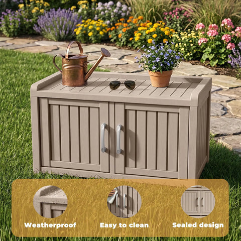 Waterproof UV Resistant Shoe Cabinet Storage Bench Indoor Outdoor With Adjustable Shelves Double Door Grey For Entryway Bedroom Hallway And Living Room Durable Space Saving Organizer That Holds Up To Eight Pairs on grass with flowers in background.