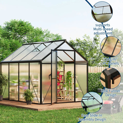 6 By 8 Foot Greenhouse Kit With Aluminum Frame, Polycarbonate Panels, Lockable Door, Adjustable Roof Vent, Easy Assembly For Backyard Garden Or Patio, Ideal Outdoor Greenhouse For Year Round Home Gardening