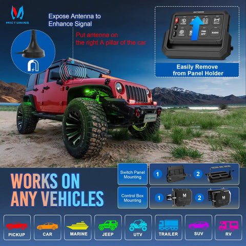 Off-road Jeep with P1s AC Wireless RGB Eight Gang Switch Panel With 433 Megahertz Remote Control highlighted