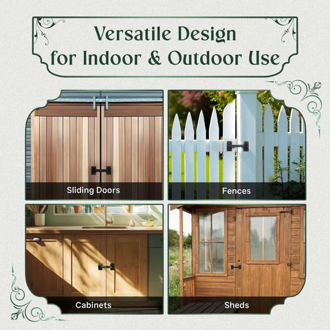 Installation of Black Iron Gate Flip Latch on sliding doors, fences, cabinets, sheds showcasing its versatile design and uses.