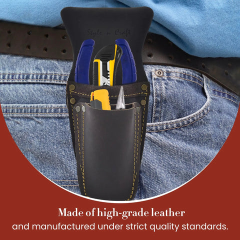 Three Pocket Pliers And Tool Holder Leather Pouch for Belt Full Grain Oiled Leather Rugged Multi Tool Carrier in Dark Brown on waist