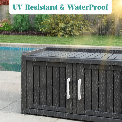 Go-To Weatherproof Resin Shoe Storage Cabinet With Adjustable Shelves And Bench, UV Resistant 3 Barn Doors, outdoor in rain