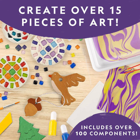 Kid-Friendly Arts And Crafts And Gross Science Kit Bundle For Kids With Mosaic Art Marble Painting Air Dry Pottery Projects And 45 Hands-On Experiments For Creative STEM Learning Fun, mosaic art pieces and marbling tray