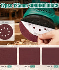5 Inch Random Orbital Sander With 13000 RPM Power being fitted with 12 sanding pads for woodworking, showcasing pad details.