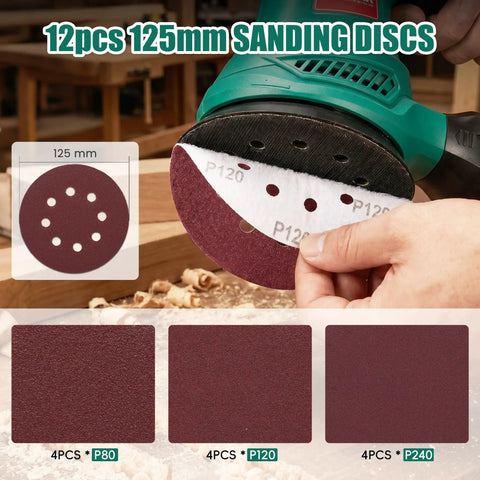 5 Inch Random Orbital Sander With 13000 RPM Power being fitted with 12 sanding pads for woodworking, showcasing pad details.