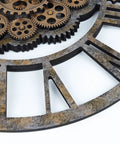 Steampunk Wall Clock With Moving Bronze Gears And Rustic Wooden Frame showing detailed gears and rustic texture for farmhouse decor.