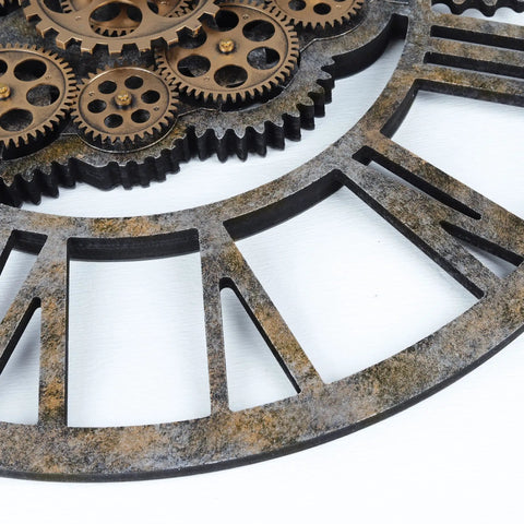 Steampunk Wall Clock With Moving Bronze Gears And Rustic Wooden Frame showing detailed gears and rustic texture for farmhouse decor.