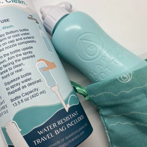 Portable Bidet For Travel Cleanup Leak Free Handheld Personal Hygiene Sprayer With Angled Nozzle 400 Ml Capacity Includes Travel Bag Eco Friendly Peri Bottle For Fresh Gentle On The Go in teal color with travel instructions.