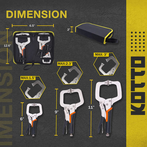Heavy Duty Locking C-Clamp Set 6, 9, 11 Inch With Swivel Tips And Storage Bag for Craftsmen displayed with dimensions