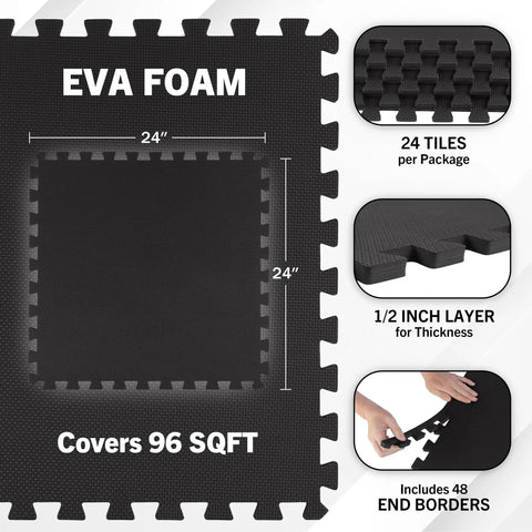 24 Pack EVA Foam Floor Tiles Interlocking Mat Set With 96 Sq Ft Coverage For Garage Playroom Or Home Gym details